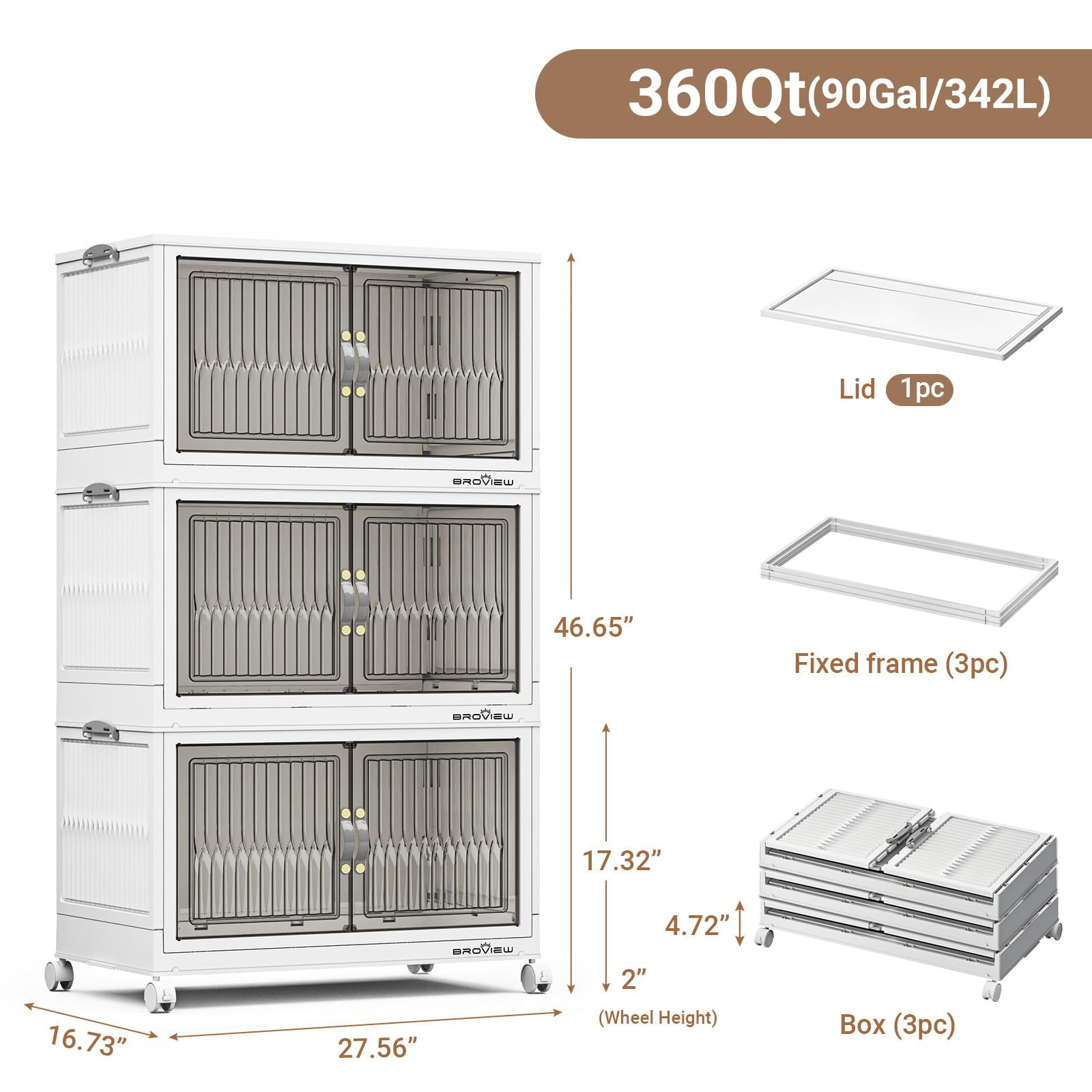 BROVIEW 360Qt Stackable Storage Bins with Lid, Plastic Closet Organizers and Storage Drawer, Collapsible Storage Box with Wheels, Folding Storage Cabinet for Closet Clothes Organization, 3Pack White