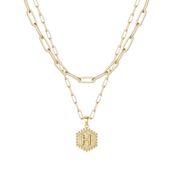 Gold Initial Necklace for Women - Hexagon Letter Pendant Jewelry Stainless Steel Layered Necklace A-Z Alphabet for Her 2PCS