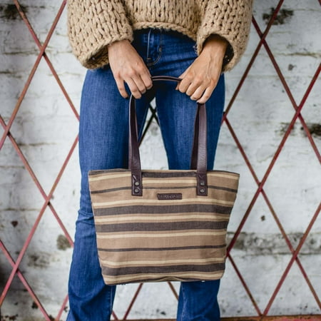 Cotton Striped Shoulder Bag Cedar Brown Country Handbags Elisha Shoulder Tote Cotton Pewter Hardware Canvas Striped Shoulder Bag ()