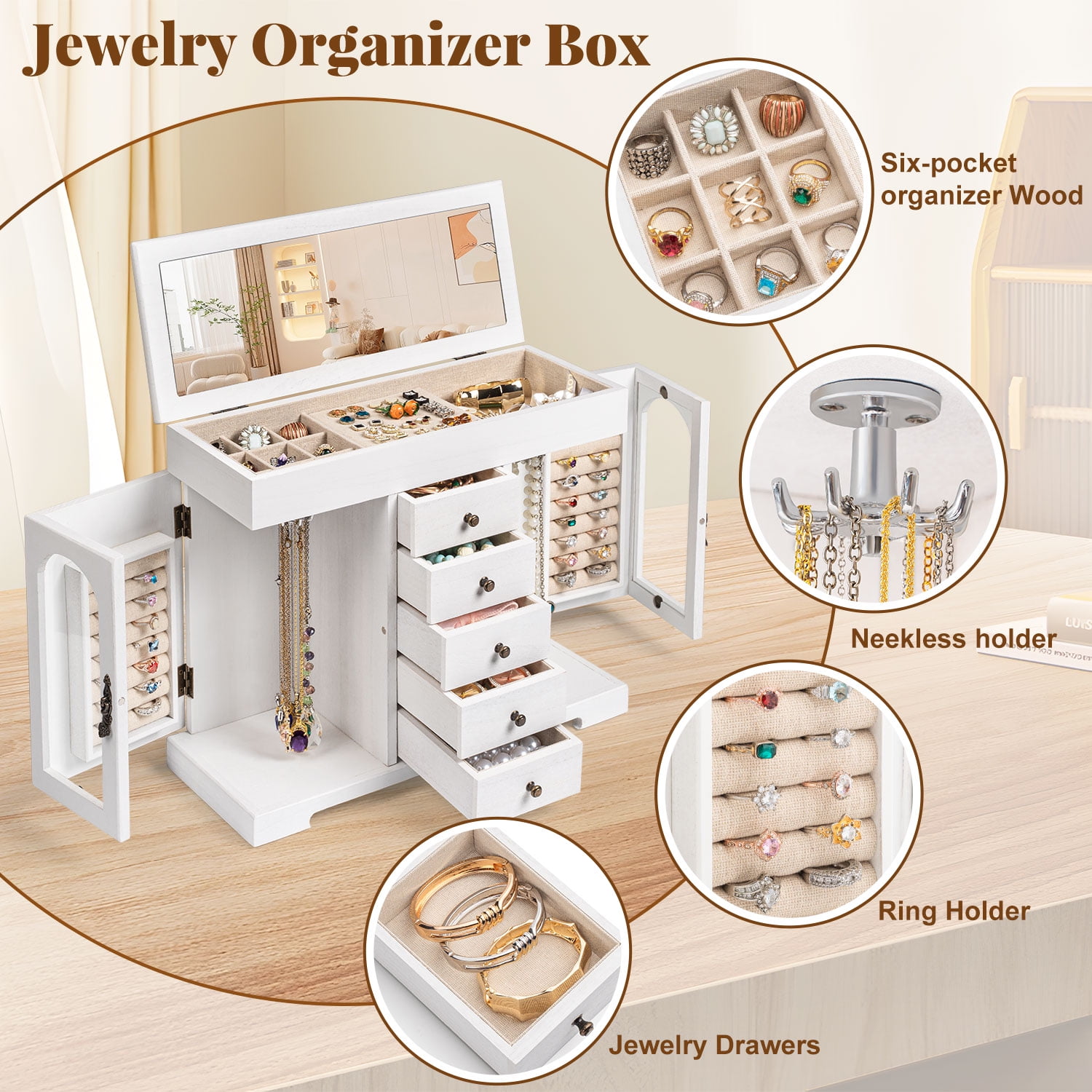 Jewelry Box for Women Girls, Wooden Jewelry Organizer Box with Mirror, 5 Layer Jewelry Storage Case White