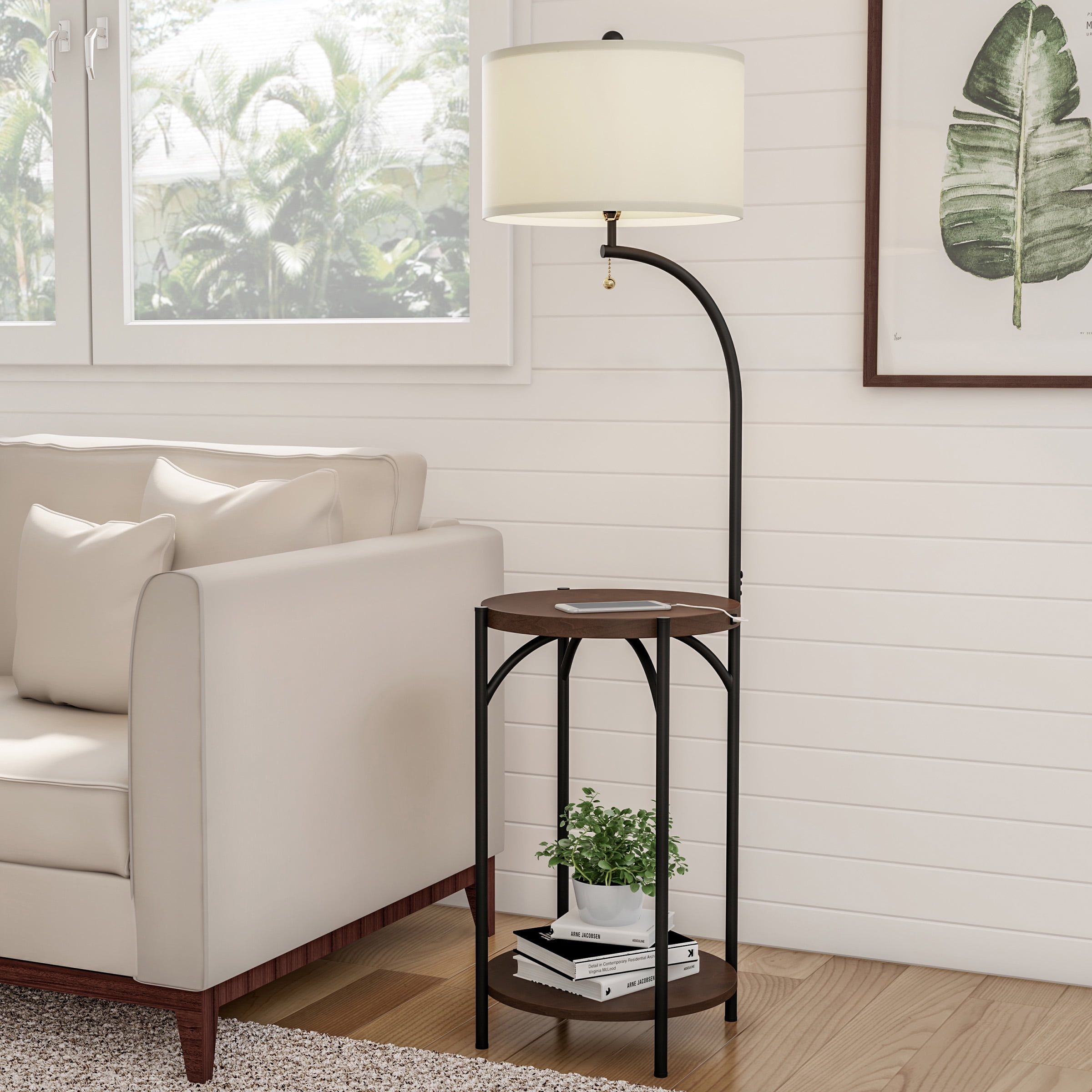 Floor with Table – Modern Rustic Side Table USB Charging Port, LED and Drum-Shaped Shade. Standing Light with Shelves by Lavish Home - Walmart.com
