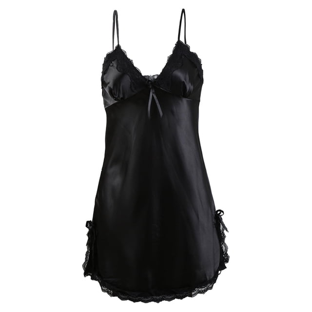 INSPIRAR CHIC Mujeres Satén V Cuello Floral Encaje Trim Ropa de Dormir Noche Vestido Slip Pijama Negro-encaje L