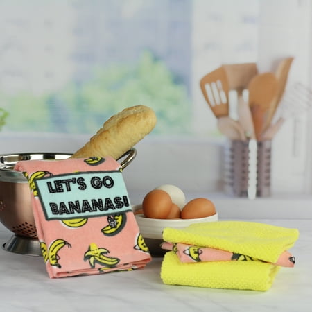 Yellow Dishes Oh Hello, (4) Piece Assorted Kitchen Towel Set - (1) Solid Yellow Towel, (1) Let's Go Bananas Print Towel and (2) Dish Cloths - 100% Cotton ()