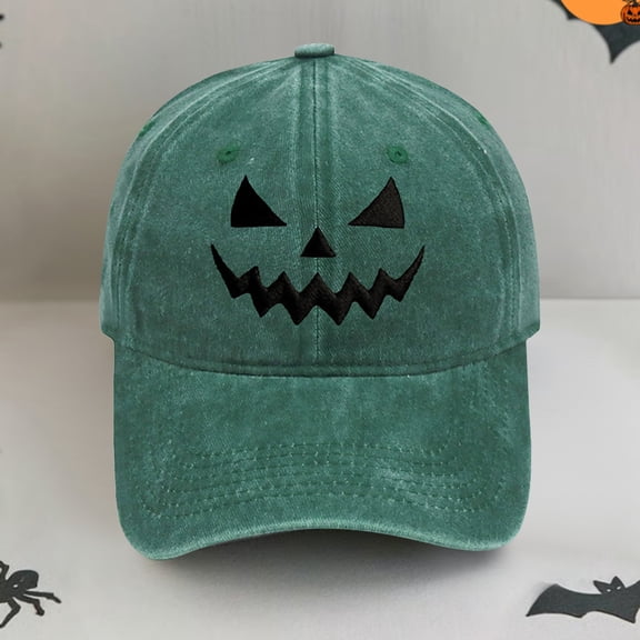 Unisex Pumpkin Smile Face Embroidered Vintage Baseball Hat, Washed Cotton Soft Top Cap with Adjustable Fit, Halloween Party Sun Cap for Outdoor Daily Casual Wear Blackish Green