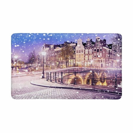 Old Door Decor MKHERT European Cityscape Dutch Old Houses and Bridges On Snowy Winter Night Doormat Rug Home Decor Floor Mat Bath Mat 30x18 inch ()