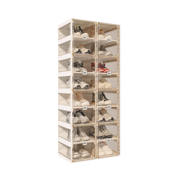 VIPBOX 8 Tiers 16 Pairs Portable Shoe Organizer with Clear Magnetic Doors for Entryway, Closet, See Through Brown Sneaker Box