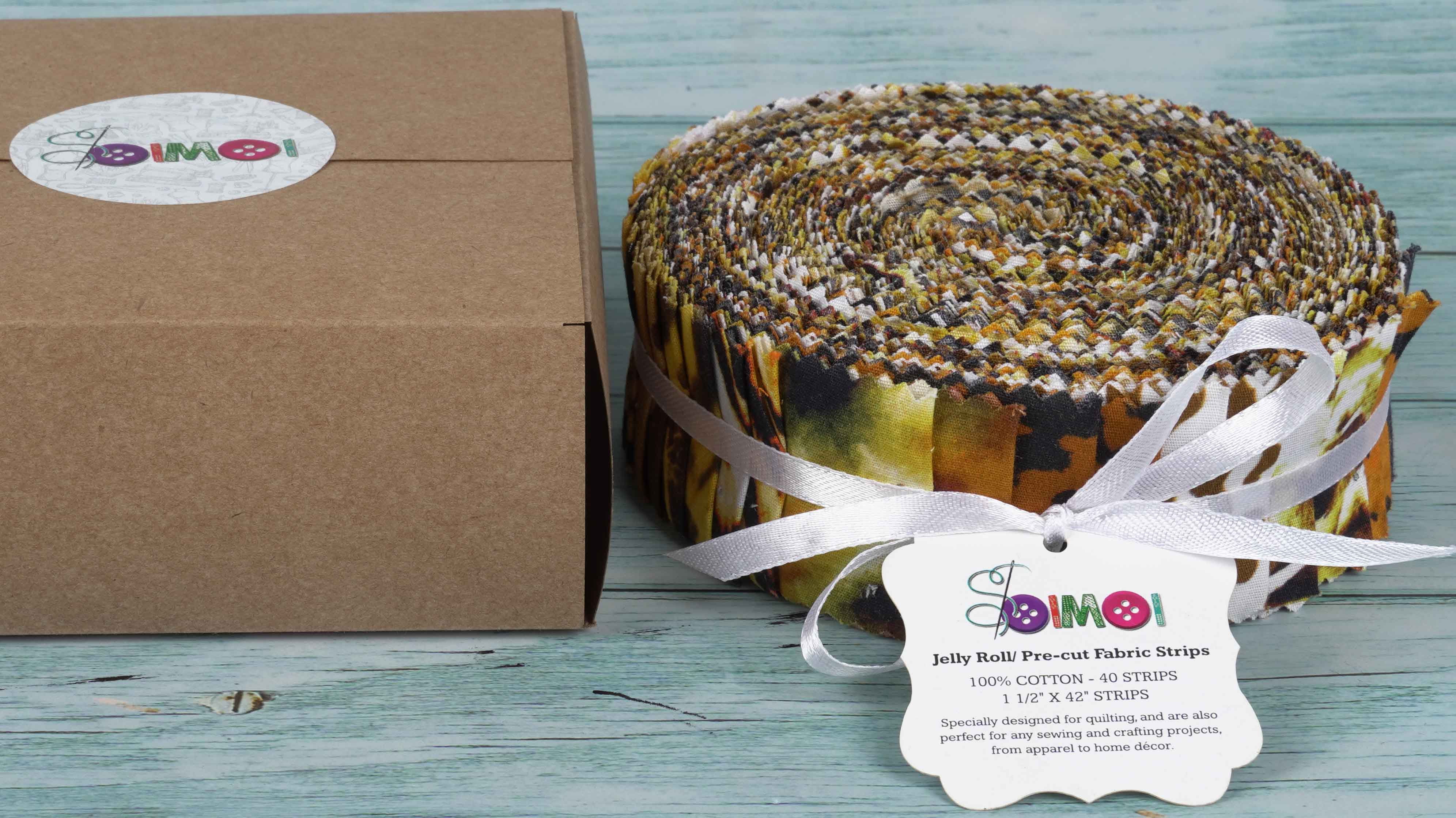 Soimoi 40Pcs Animals Print Precut Fabrics Strips Roll Up 1.5x42inches Cotton Jelly Rolls For Quilting - Yellow