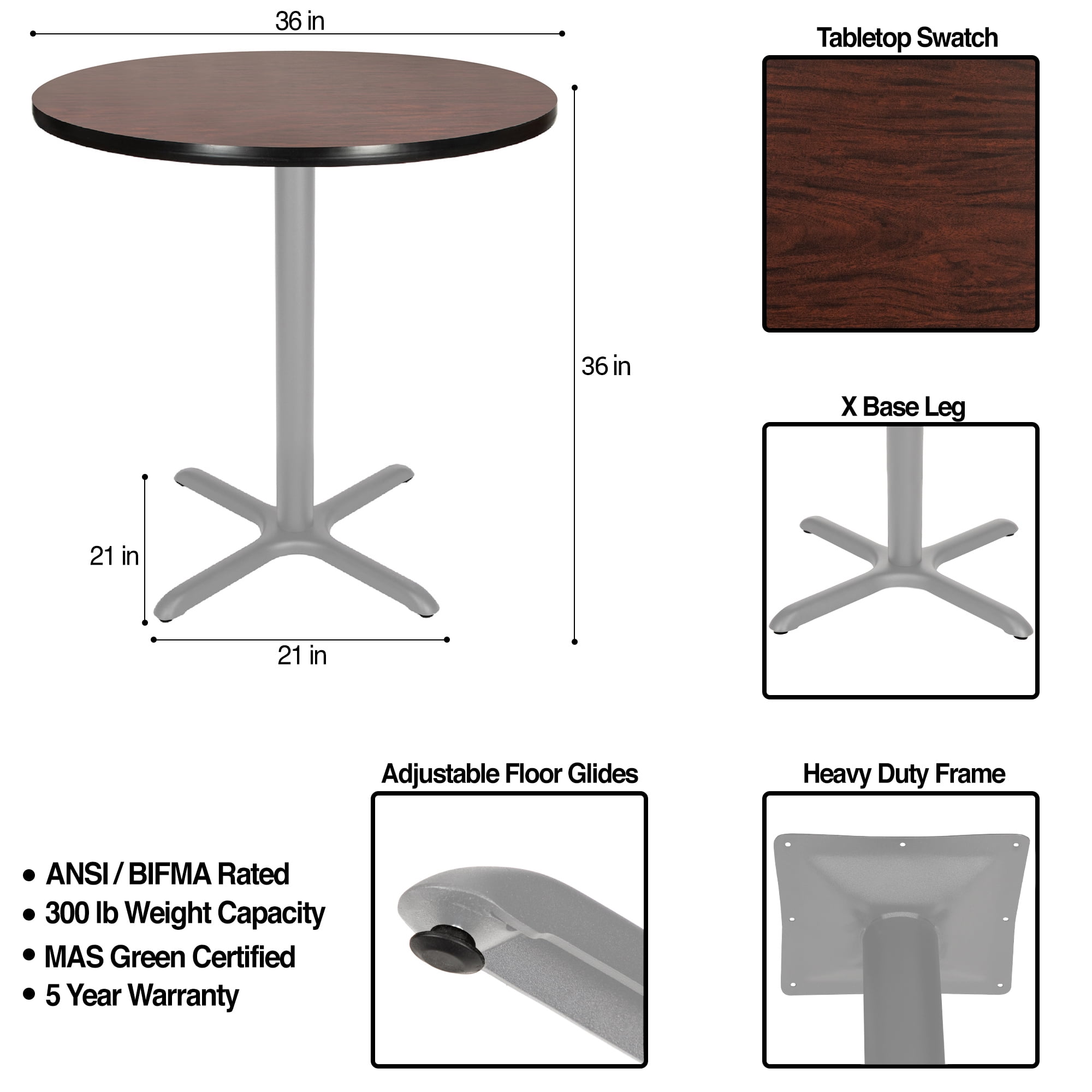 Hampden Furnishings Bennet Collection Steel Frame 36" Round Top, X Base, 36" Height, Cafe Table Grey Frame/Mahogany Top