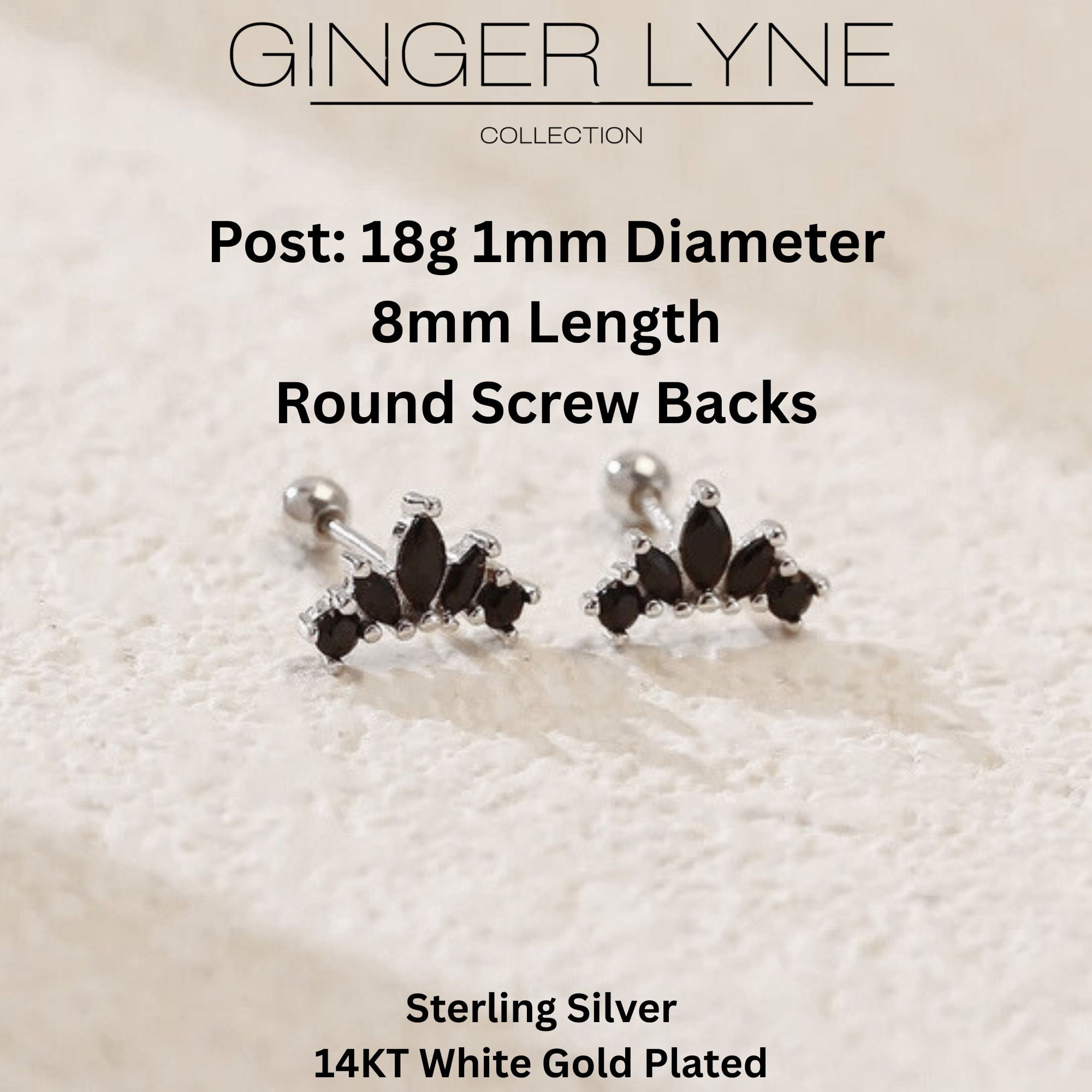 Black Marquise CZ Flat Back Earrings for Cartilage Helix Tragus Lobe 18g Sterling Silver 1 pair by Ginger Lyne