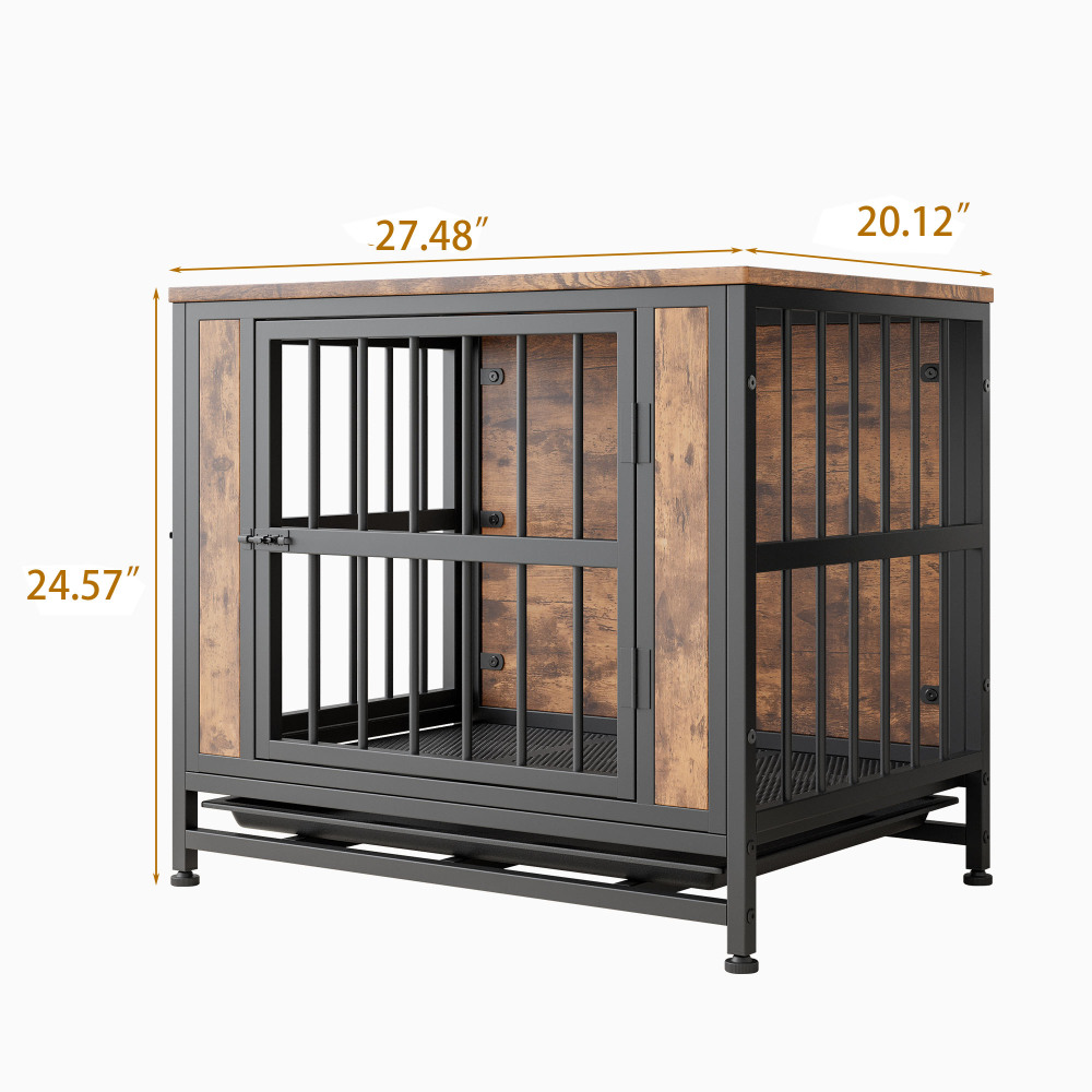 Tcbosik Dog Crate Furniture with 2 Doors, 27" Wooden Dog Kennel End Table with Pull Out Tray, Indoor Dog House with Iron Frame for Small Dog, Rustic Brown
