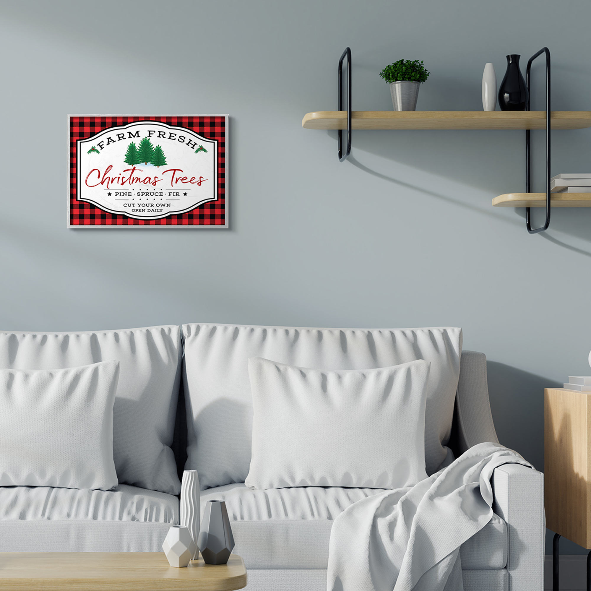 Stupell Industries Farm Fresh Christmas Tree Sign Red Buffalo Plaid Grey Framed, 16 x 20, Design by AE Design