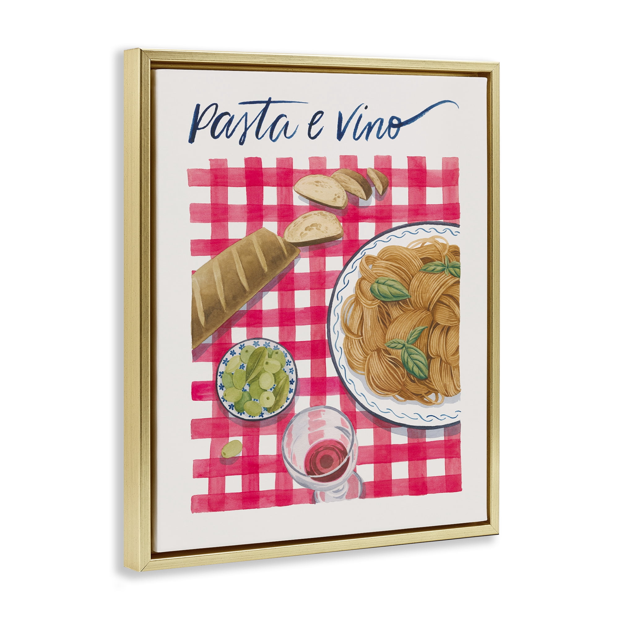 Stupell Industries Pasta & Wine on Tartan Food & Beverage Painting Gold Floater Framed Canvas Art Print Wall Art, 25 x 31