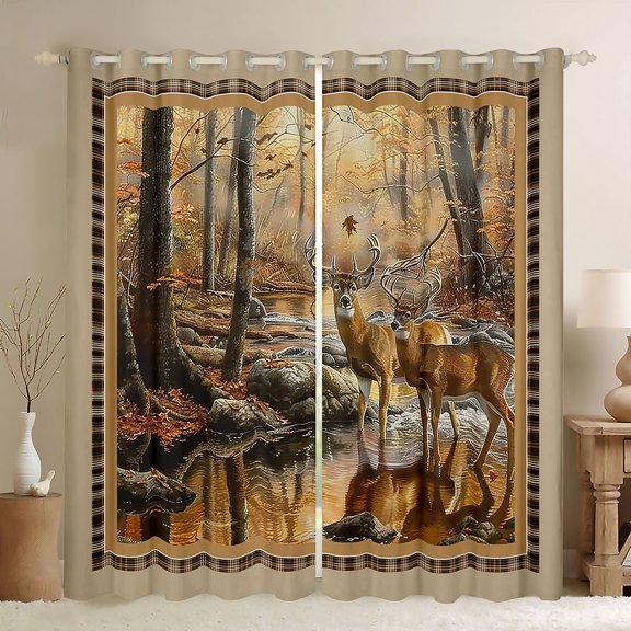 Homewish Safari Deer Black Out Curtains for Teenagers,Jungle Animal Curtains Pack of 2 (42x63 Each),Autumn Vintage Retro Aesthetic Bedroom Curtains,Luxury Bedroom Decor