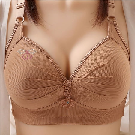 Viikei Women s Plunge Bra Deep Neckline Woman s Printing Gathered Together Large Size Daily Bra Underwear No Rims Brown M