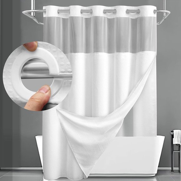 QUTETN Hookless Shower Curtain with Snap Liner White Waffle Theme Home Decor Hotel Shower Curtain and Liner Set Watercolor See-Through Shower Curtain with Window Double Layers High Qu