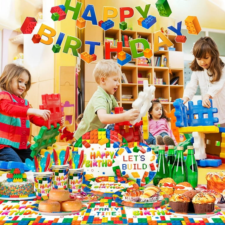 Set De Vaisselle Jetable Enfants 20 Pièces - Assiettes, Tasses, Serviettes + Nappe - Motif Cartoon Blocks - Pour Anniversaire