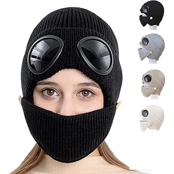Unisex Winter Ski Beanie Hat with Goggles and Detachable Mask,3-in-1 Unisex Knitted Goggles Beanie,Winter Warm Hat(Black)