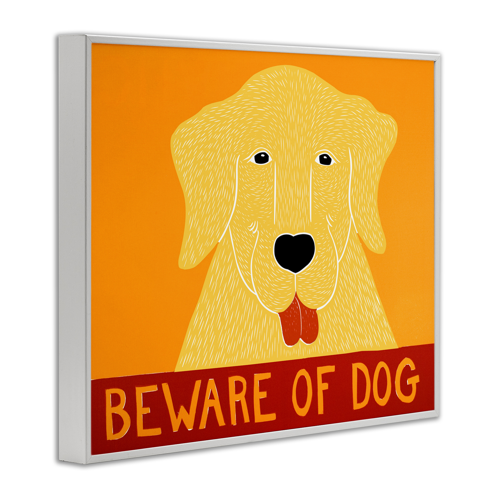 Beware Of Dog Yellow & Red White Framed Giclee Art, design by Stephen Huneck