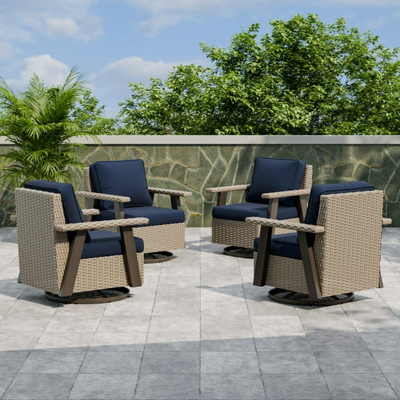 EAGLE PEAK Classic 4-Piece Patio Chair Set, 360° Swivel Rocking Chairs with Thick Cushions, All-Weather Wicker Outdoor Lounge Gliders, Beige/Dark Blue