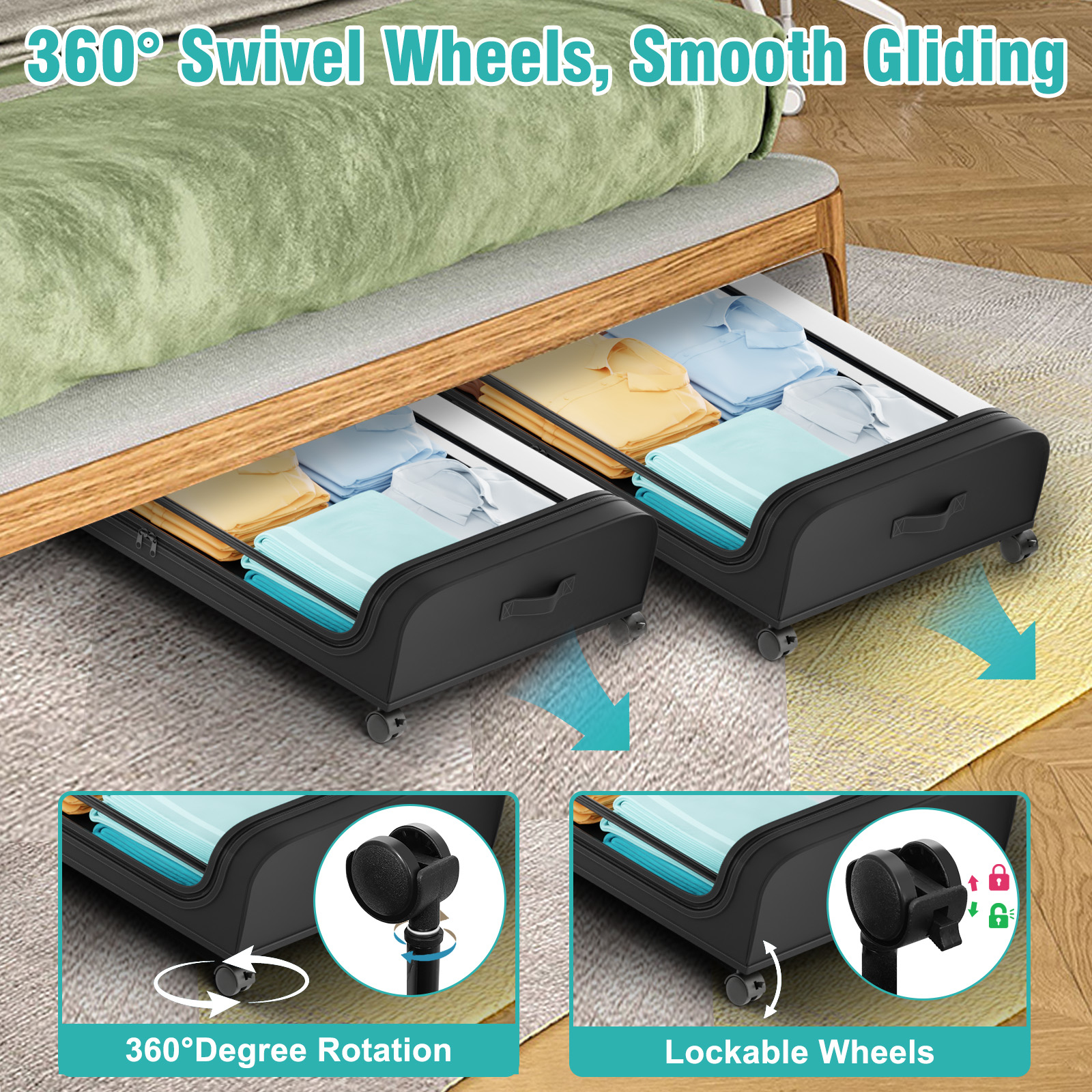 Under Bed Storage with Wheels, 2 Pack Under Bed Storage Containers, Under Bed Shoe Storage Organizer, Rolling Under Bed Metal Drawer for Clothes, Black