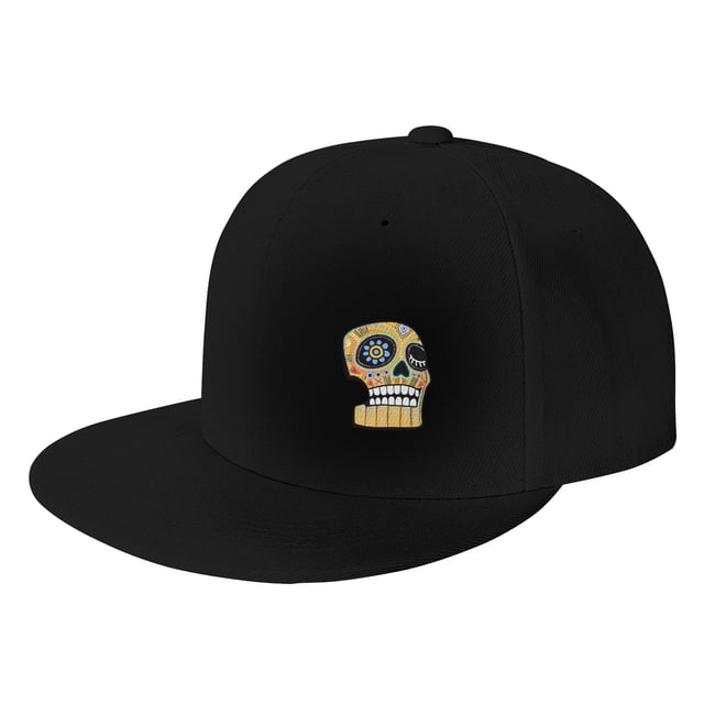 DouZhe Flat Brim Cap Snapback Hat, Halloween Sugar Skull Prints Adjustable Black Adult Baseball Cap