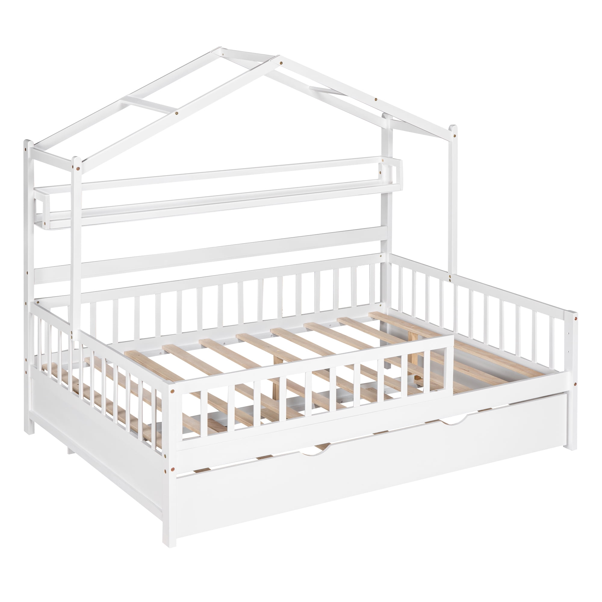 Euroco Wood Full Size House Bed with Trundle, Platform Bed with Bookshelf, White