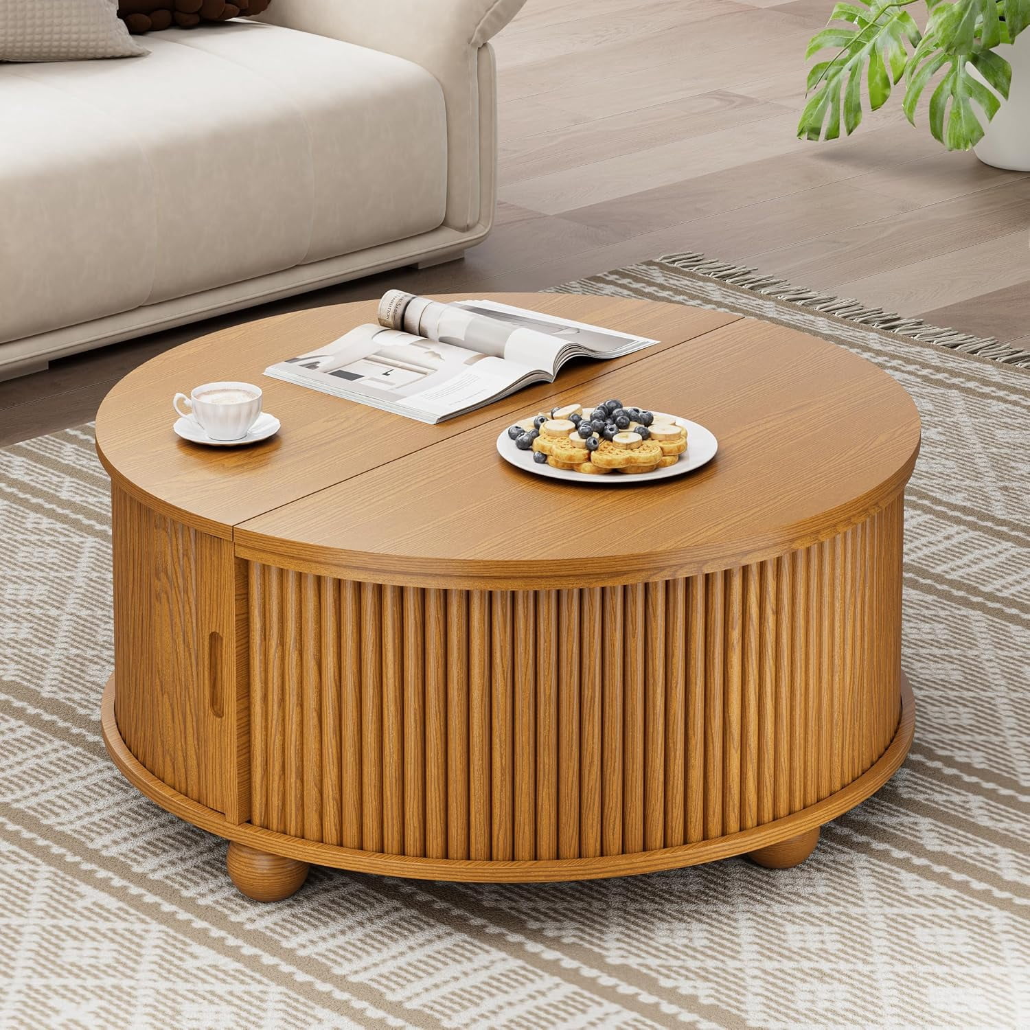 31.5" Round Coffee Table, Mid Century Modern Circle Drum Table with Sliding Door Storage, Yellow Oak