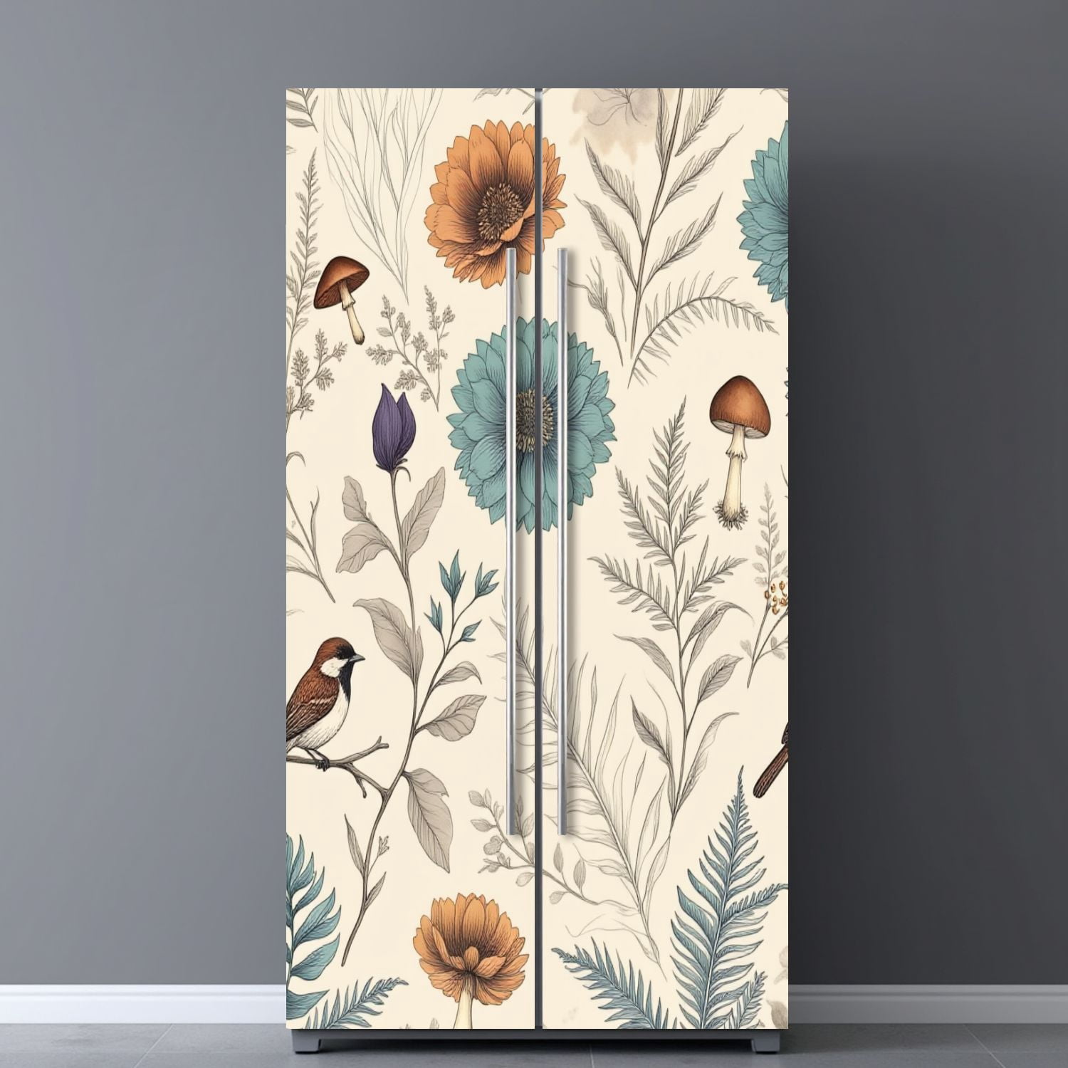 Self Adhesive Vinyl Refrigerator Wrap Set Botanical Floral Birds Mushrooms Muted Colors Door Mural Removable Fridge Sticker Peel and Stick&nbsp;Full Door Cover Decal Kitchen Bar Decor