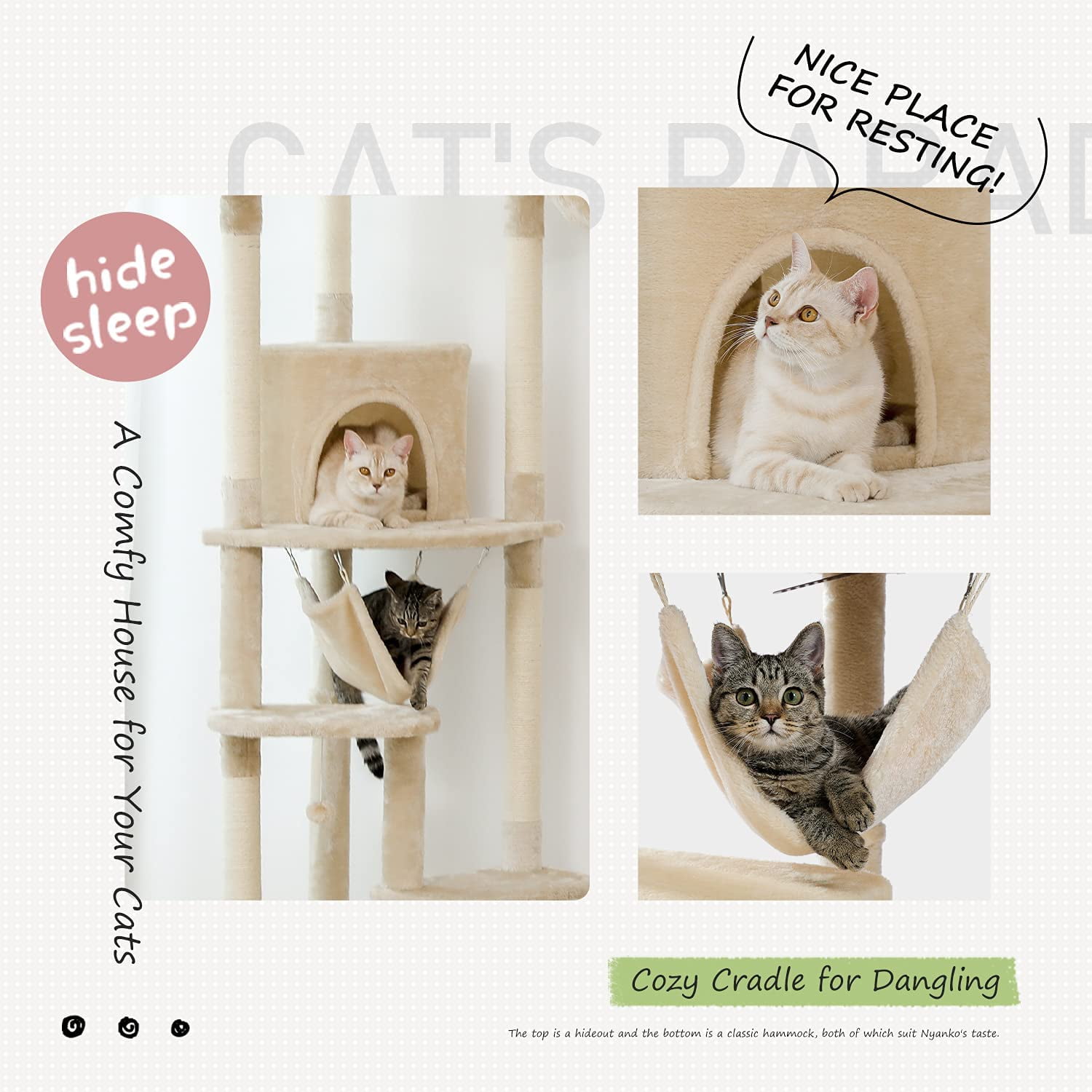 PEQULTI Floor to Ceiling Cat Tree 92.9’’-101.6’’ Height Adjustable Cat Tower Tall  Climbing Play House with Scratching Posts, Cozy Condo, Perches and Large Hammock for Indoor Cats Beige