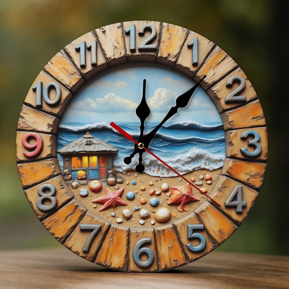 Wall Clock Decorative - Rustic Beach Hut Print 2D Vintage Wall Clocks Battery Operated Silent Non-Ticking for Bedroom, Living Room, Kitchen, Office, Classroom, 10 Inch