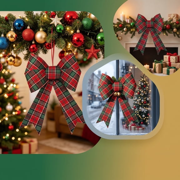 Plaid Christmas Bow Large Red Green Tartan Decorative Bow PVC Glitter Wreath Bow Ornament For Christmas Tree Front Door Window Holiday Party Decorations