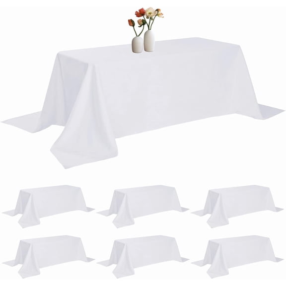 6 Pack Rectangle Tablecloth 90 x 132 Inches White Table Cloth Stain and Wrinkle Resistant Washable Polyester Fabric Table Cover for Party, Wedding and Banquet Dration
