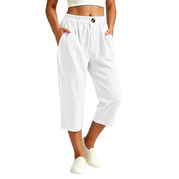 Vivianyo HD Women's Pleated Waist Summer Loose Casual Capri Pants, Single Button Elastic Waistband Soft Cropped Fall Trousers with Side Pocket for Women, Women's White, Sizes S-3XL