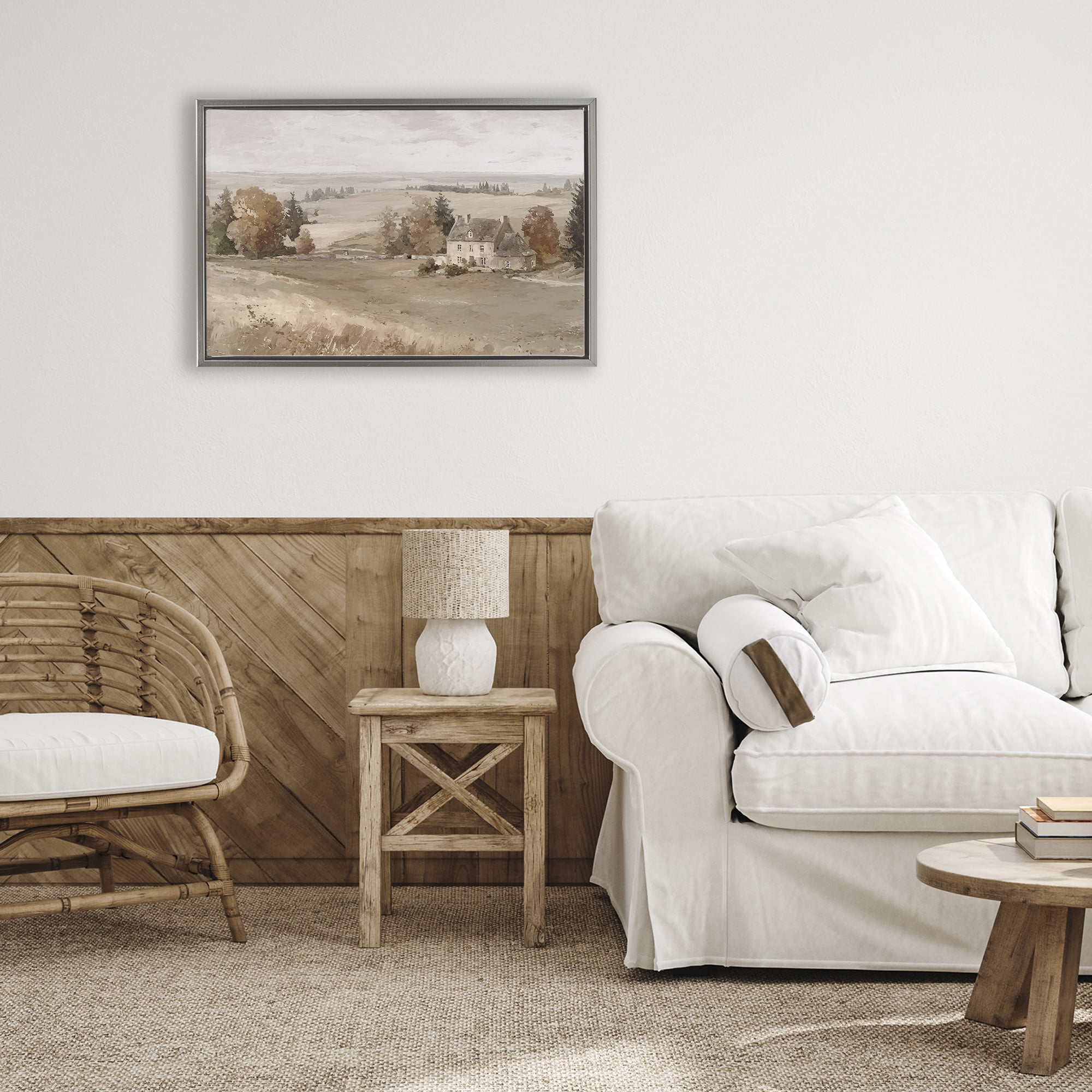 Stupell Industries Quaint Cottage in Countryside Gray Framed Floater Canvas Wall Art, design by Jacky Ngan