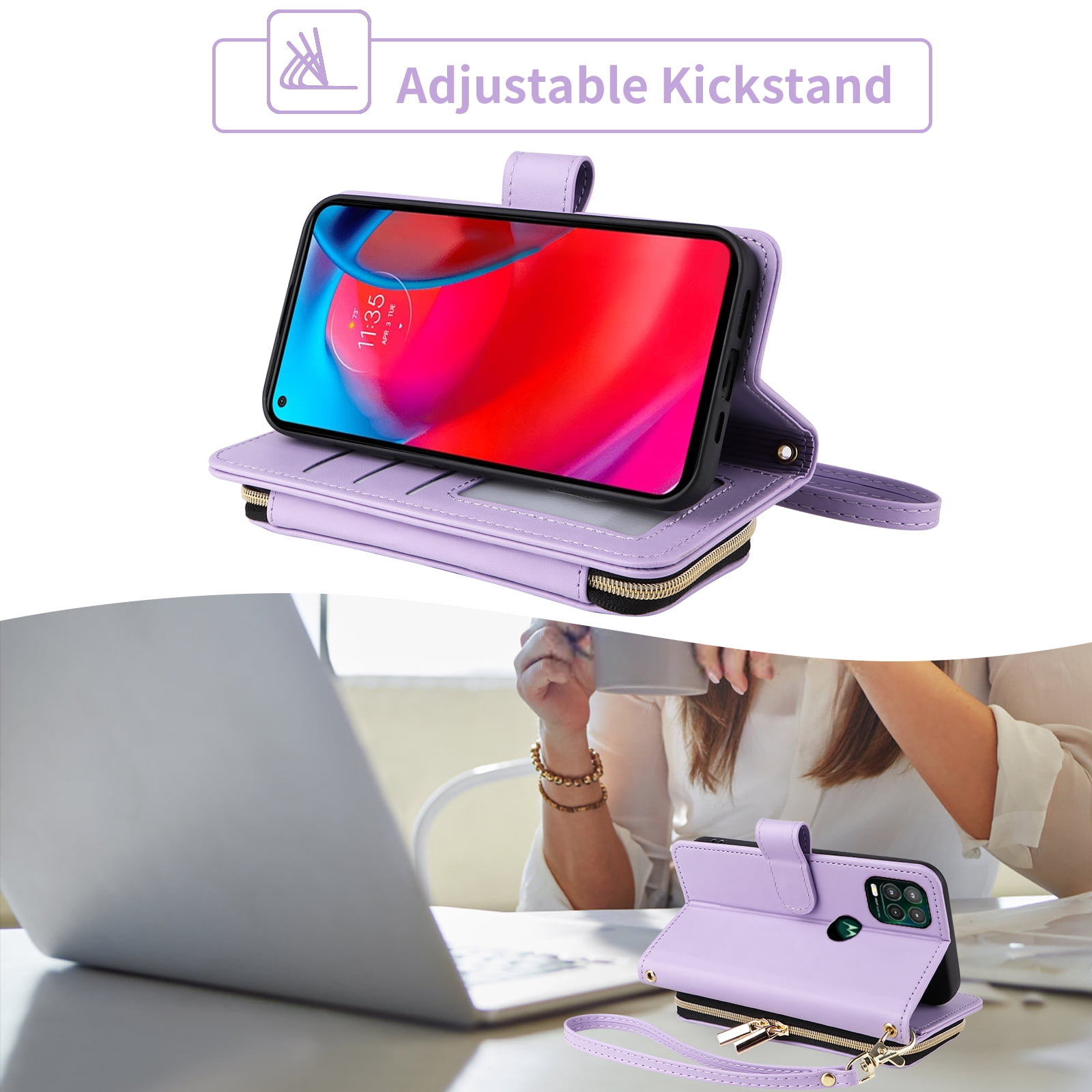 Furiet Argyle Wallet Case for Moto G Stylus 5G 2021 with Wrist/Shoulder Strap Zipper Purse, Luxury PU Leather Card Holder Slots Stand Phone Cover for Motorola GStylus G5 XT2131DL Women Purple