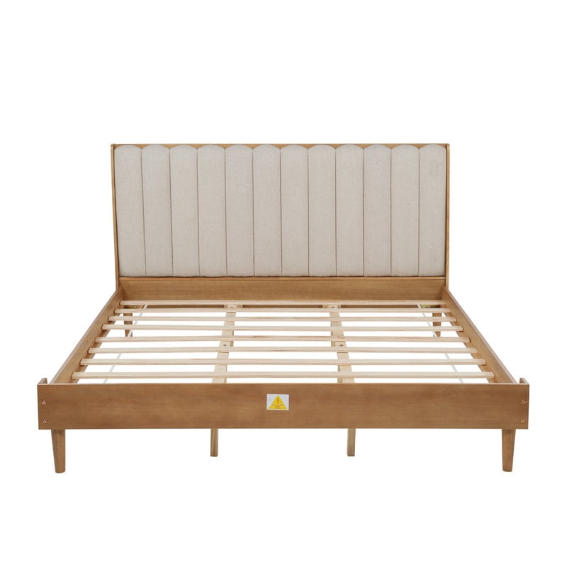 King Size Wood Bed Frame with Piano Key Designed Upholstered Tall Headboard, Low-Profile Platform Bed with Under-Bed Space