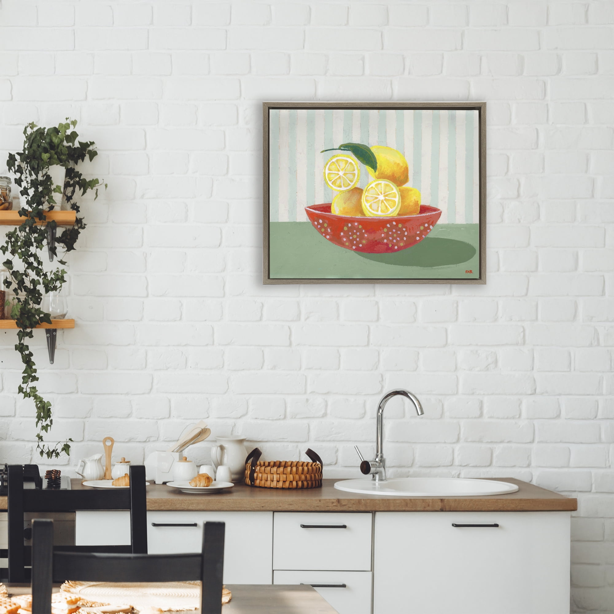 Stupell Industries Sunny Lemons in Red Bowl Brown Framed Floater Canvas Wall Art, design by Rachael Reese