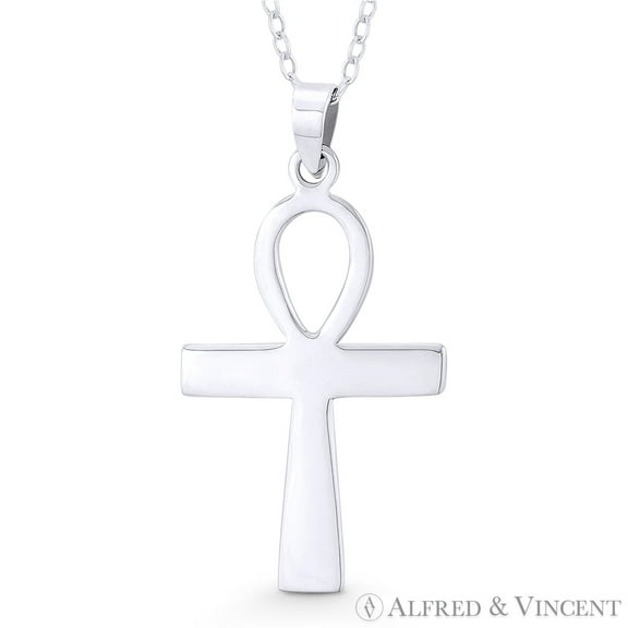 Egyptian Ankh Cross Key-of-Life Charm Pendant w/ Chain Necklace in .925 Sterling Silver