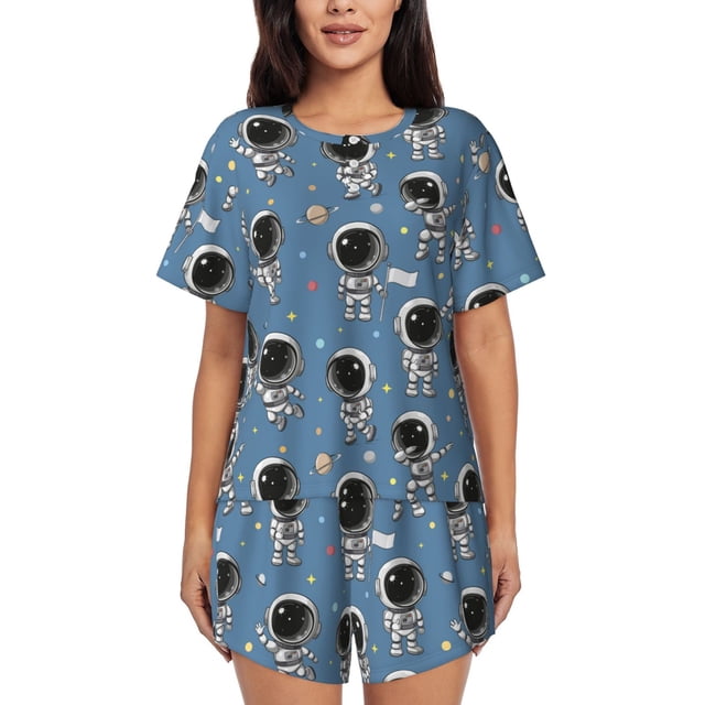 Fotbe Astronaut Conjunto de Pijama Estampado para Mujer, 2 Piezas, Ropa de Dormir con Camiseta de Manga Corta y Shorts Suaves-Medium