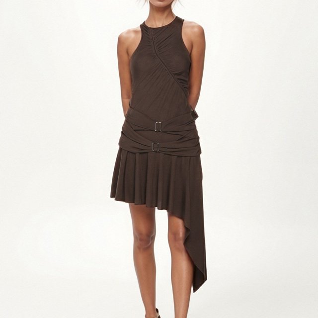 WILLBEST Vestidos Cortos Para Mujer Border Spring Nueva Moda Para Mujer Color Sólido Belleza Sin Mangas Cinturón Doble Cintura Vestido Con Dobladillo Irregular Para Mujer