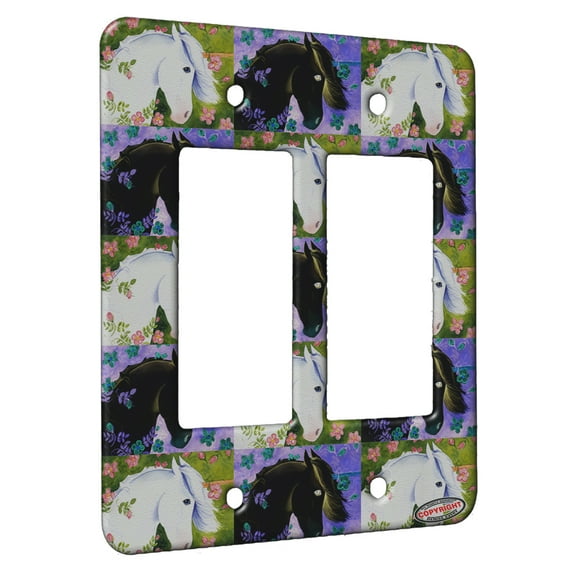 KuzmarK™ 2 Gang Rocker Wall Plate - Blue Eyed Unicorn with Pink Roses Pattern Art by Denise Every