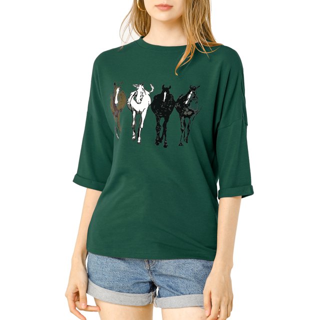 INSPIRE CHIC Woman's Drop Shoulder 3/4 Sleeves Horse Print Loose Tops
