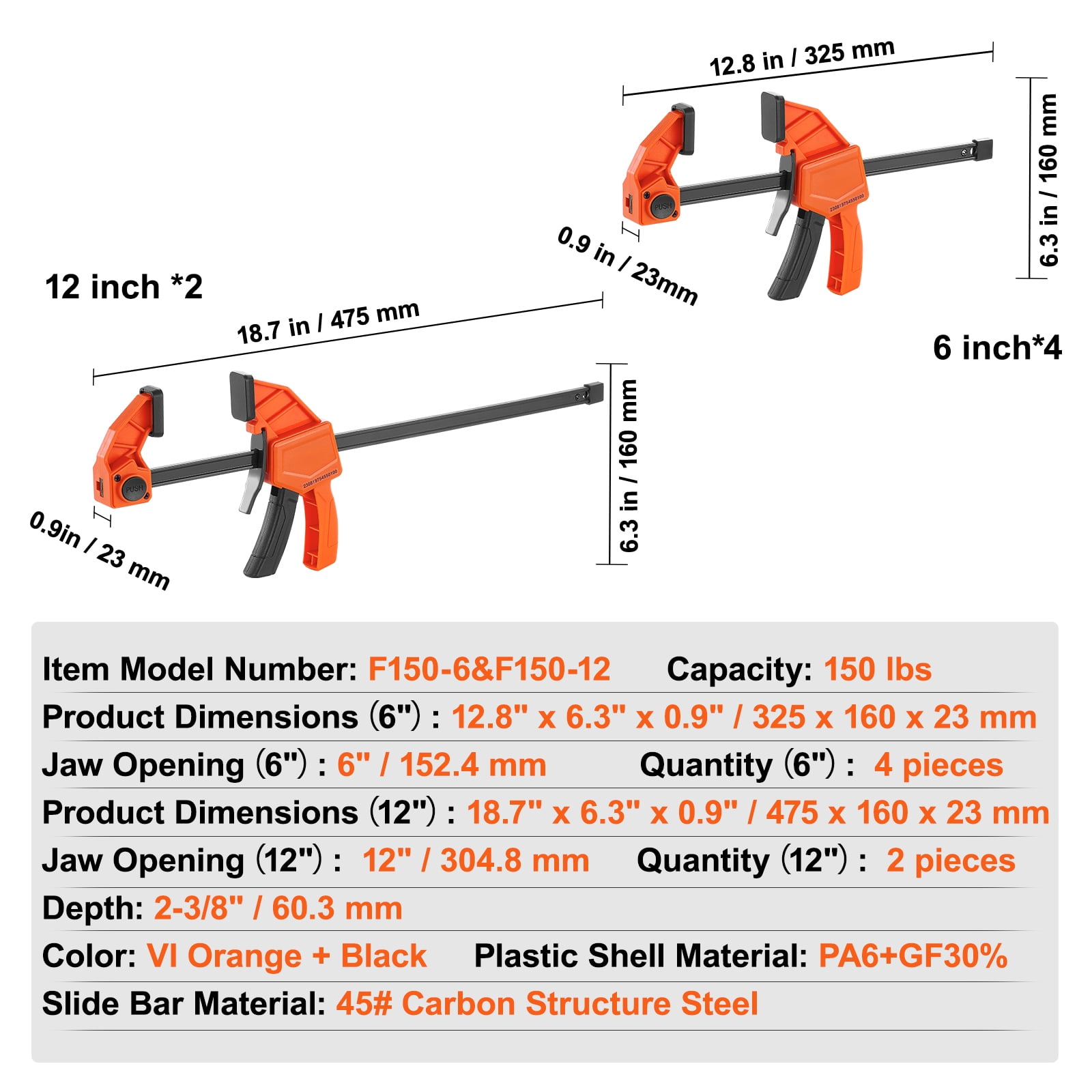 KFFKFF Bar Clamps for Woodworking, 4-Pack 6" and 2-Pack 12" One-Handed Clamp/Spreader, Quick-Change F Clamp with 150 lbs Load Limit, Plastic and Carbon Steel, Wood Clamps for Woodworking Metal