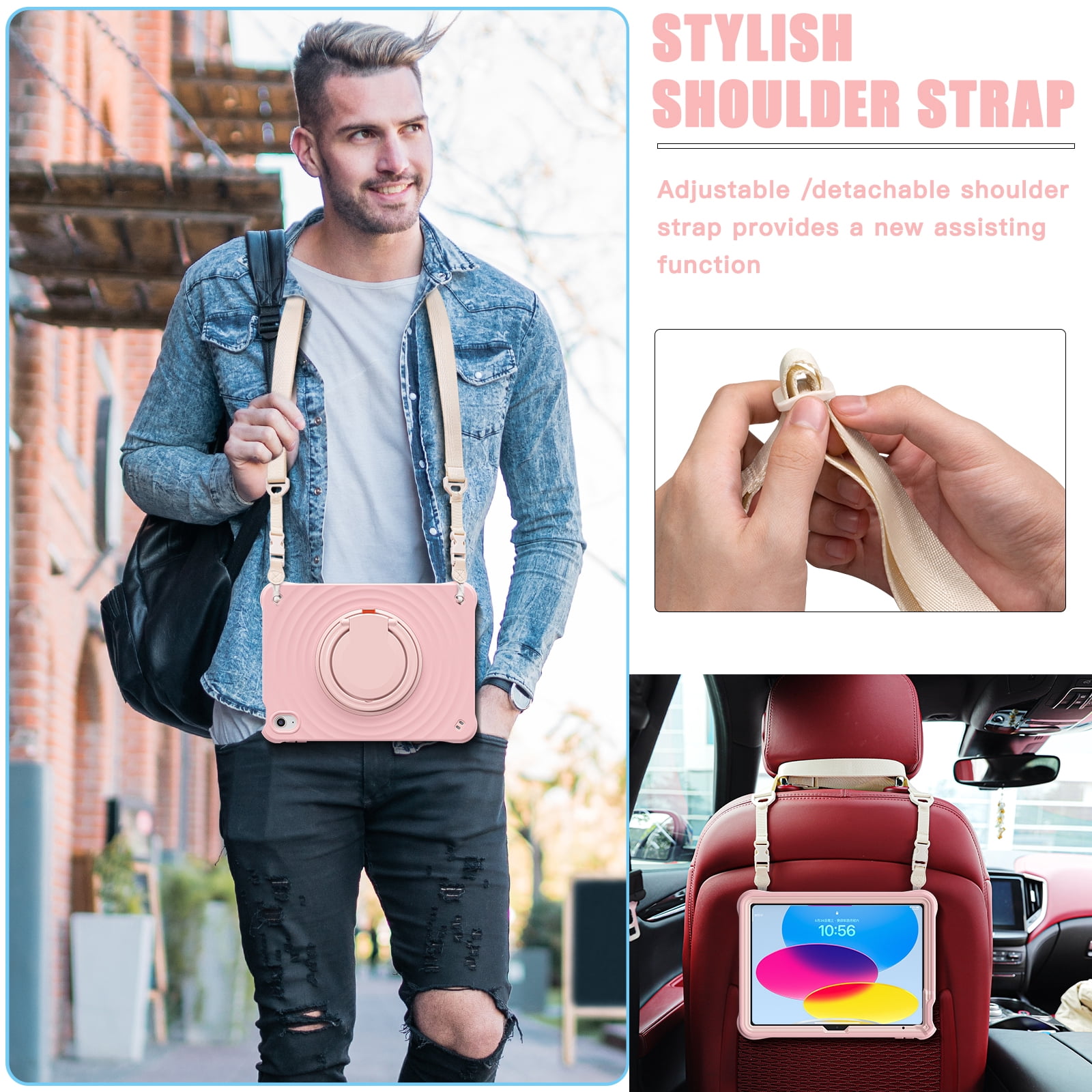ELEHOLD Case for Apple iPad 10th Gen, Portable Hybrid Shockproof iPad Case with Pencil Holder & Hanging Ring Handle Rotatable Kickstand,Pink