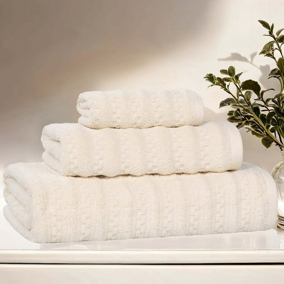 Superior Zuma Waffle Textured Stripes Zero Twist 3 Piece Towel Set, Ivory