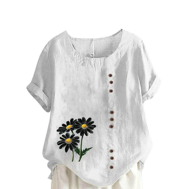 Vestidos Casuales Para Mujer, Blusas De Mujer De Moda Blusa informal de lino con botones y manga corta estampada para mujer