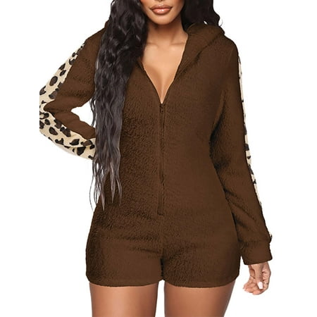 

LAPA Womens Cute Sherpa Romper Fleece Onesie Pajama Zipper Short Hooded Jumpsuit Sleepwear Playsuit