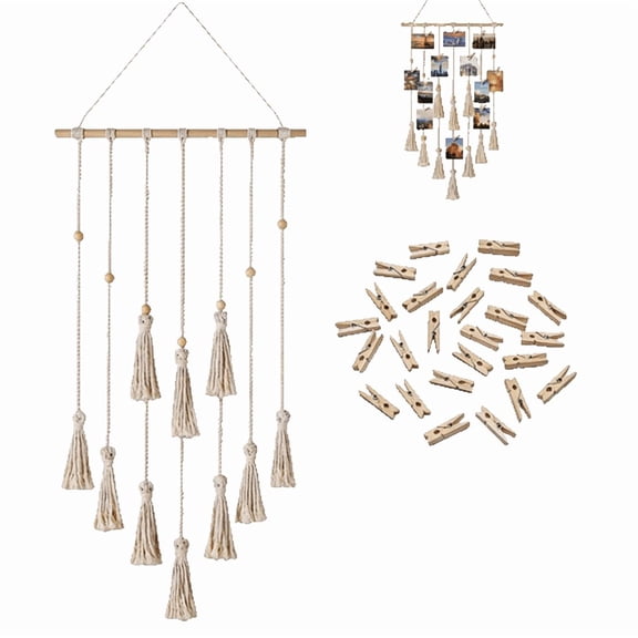 Generic Macrame Hanging Photo Display, Woven Wall Picture Holder with 30 Wood Clips, Ivory