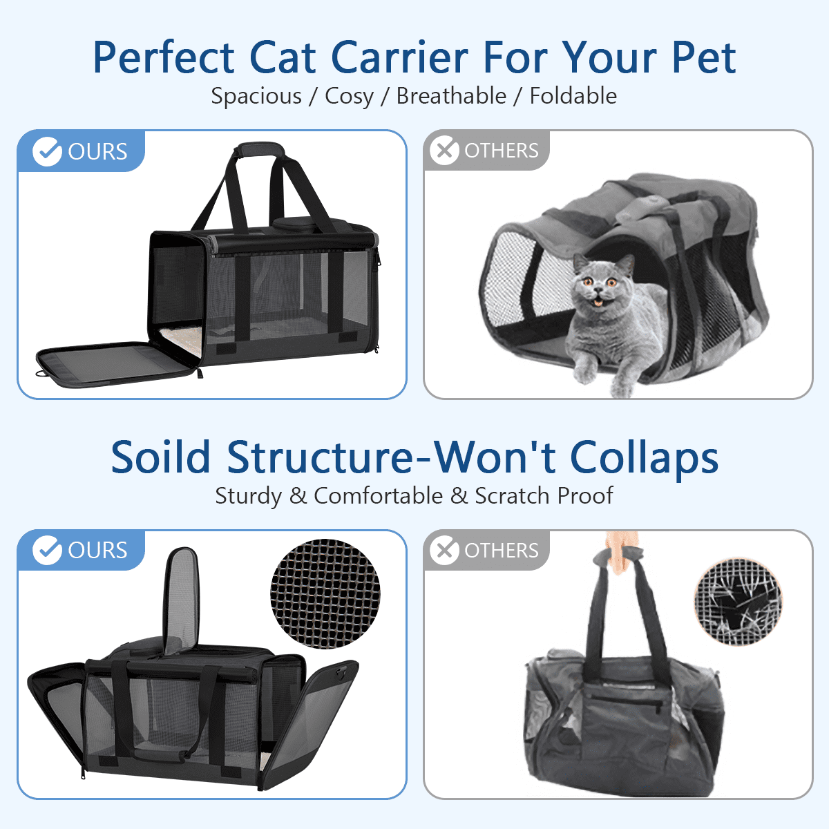 Cat Carrier, Cat Carriers for Large Cats up to 25LB, large Cat Carrier with a Bowl, Soft Sided Carrier with 2 Side Roller Blinds for Pet Cat Kitten Small Dog Puppies Airline Approved, Black