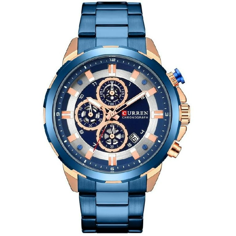 Chronograph function men s watch with a two tone dial a cut bezel on a three link band 8323
